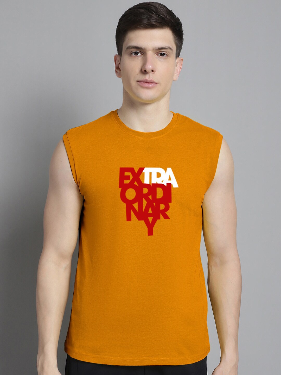 

FBAR Typography Printed Sleeveless Slim Fit Pure Cotton T-shirt, Mustard