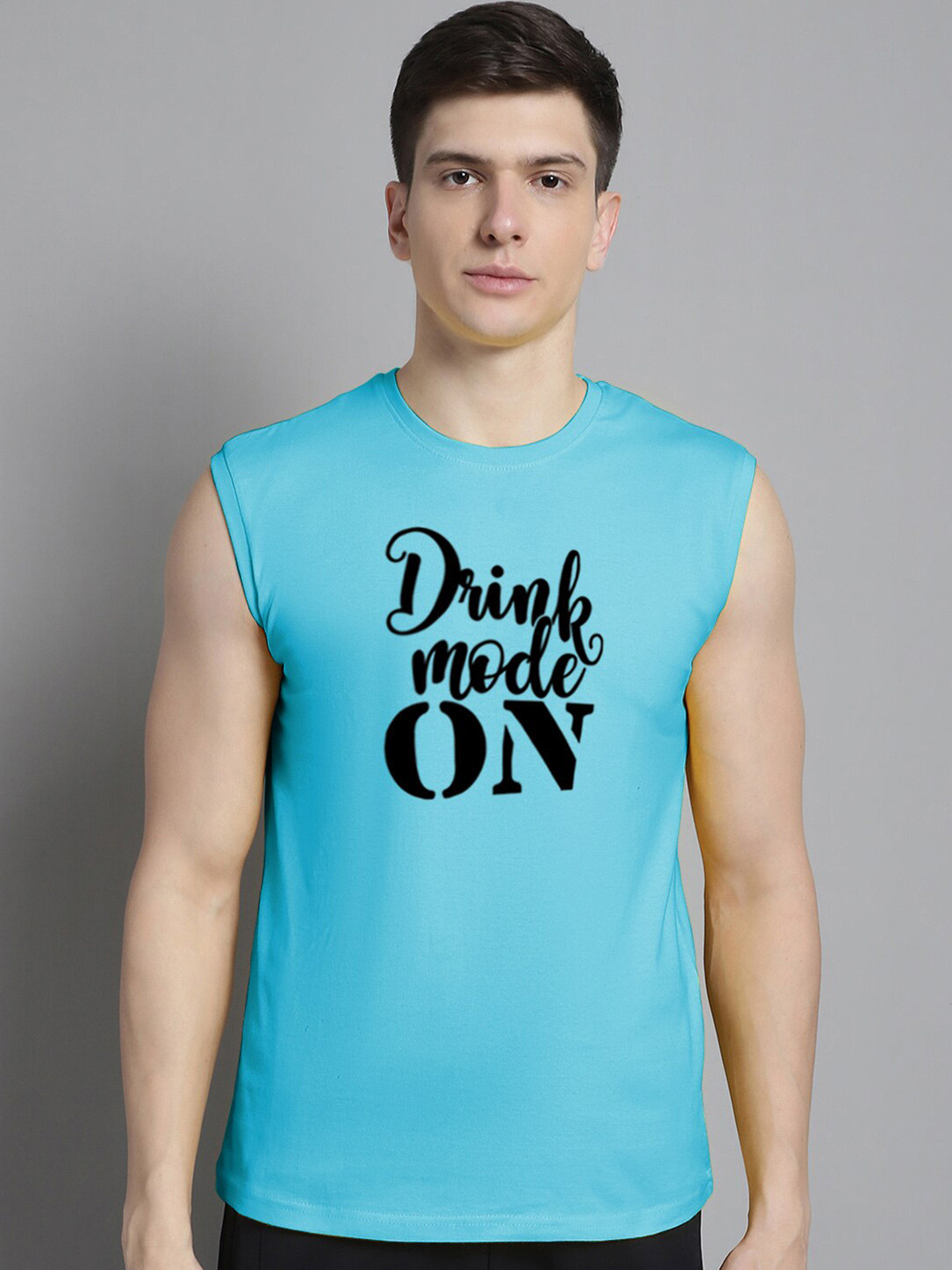 

FBAR Typography Printed Sleeveless Slim Fit Pure Cotton T-shirt, Turquoise blue