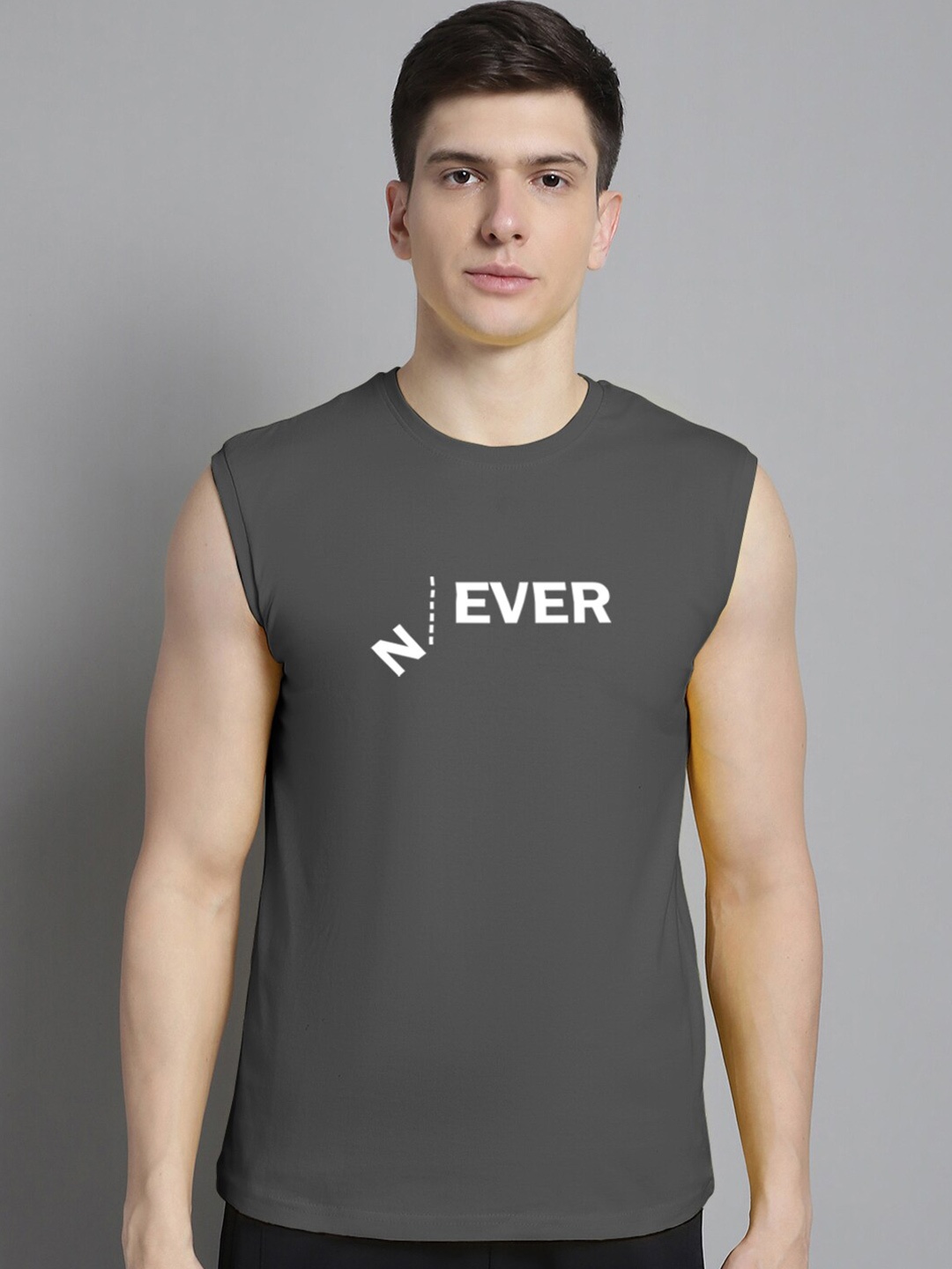 

FBAR Typography Printed Sleeveless Slim Fit Pure Cotton T-shirt, Charcoal
