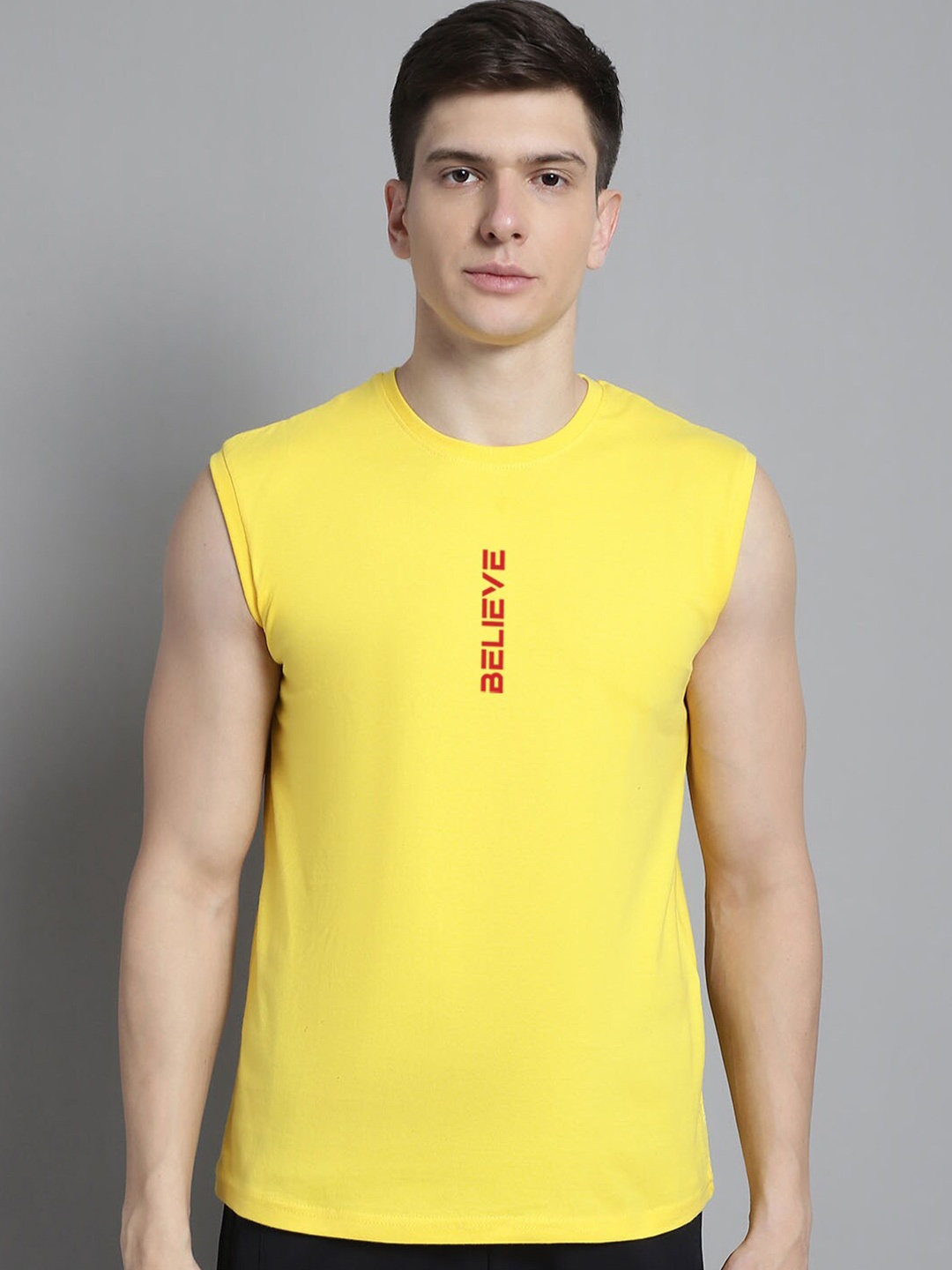 

FBAR Typography Printed Sleeveless Slim Fit Pure Cotton T-shirt, Yellow