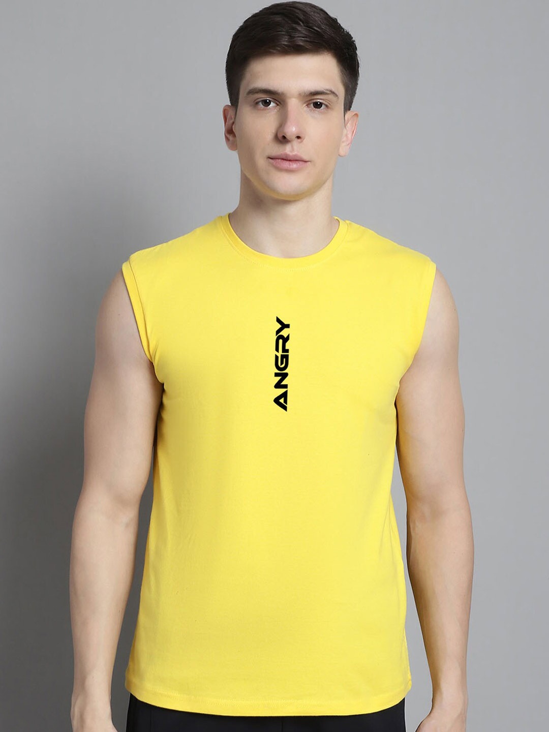 

FBAR Typography Printed Sleeveless Slim Fit Pure Cotton T-shirt, Yellow