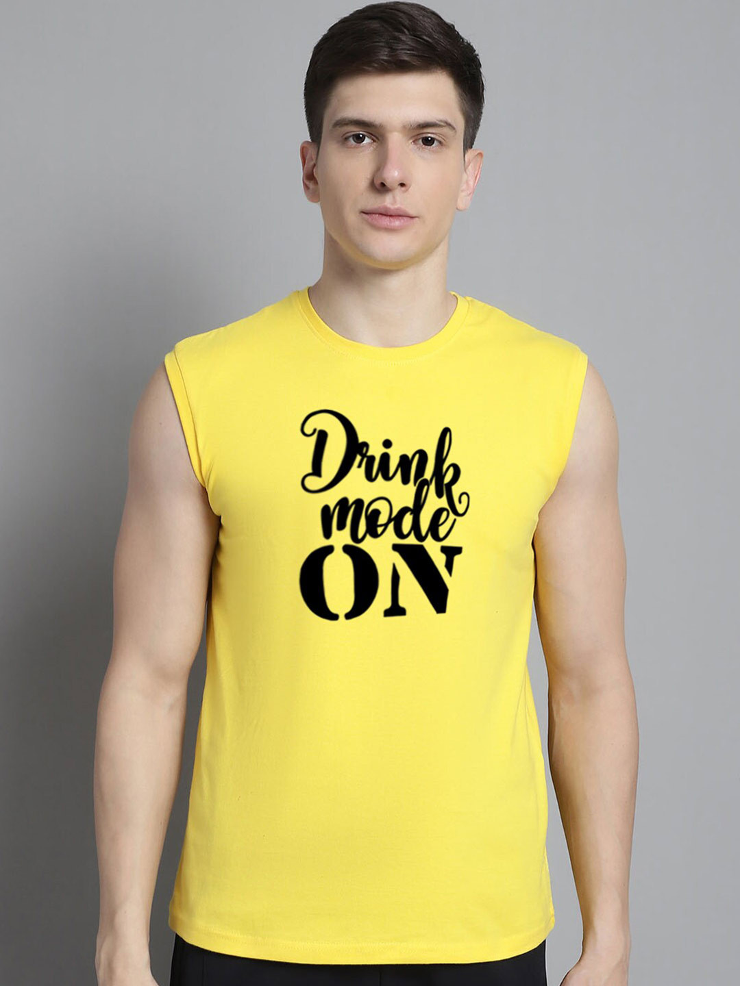 

FBAR Typography Printed Sleeveless Slim Fit Pure Cotton T-shirt, Yellow