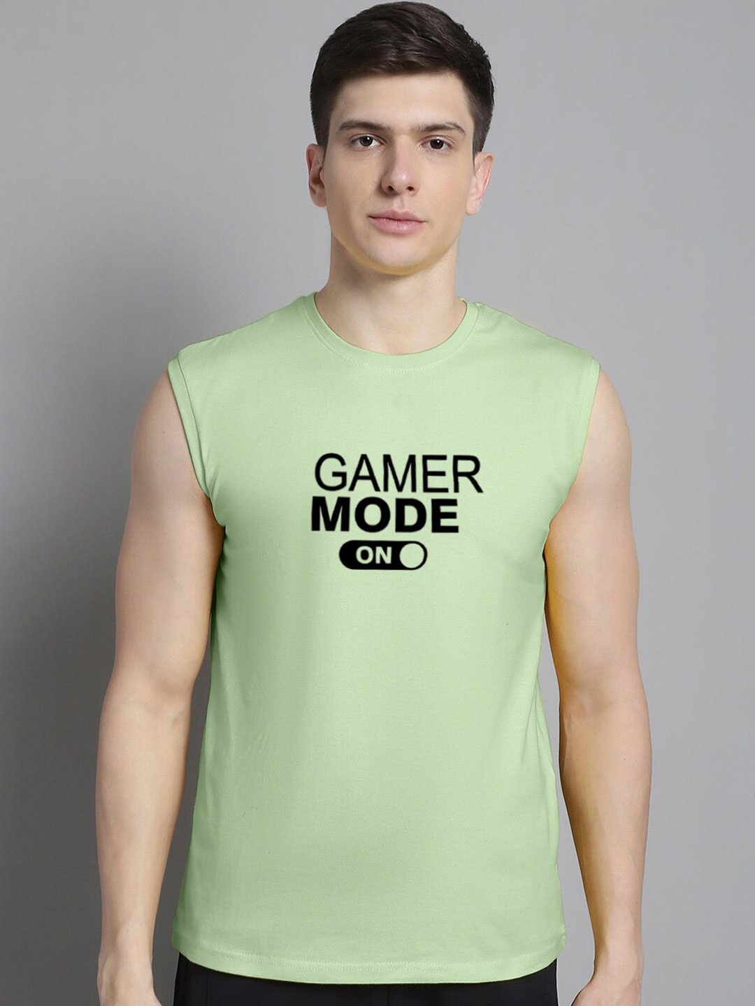 

FBAR Typography Printed Slim Fit Sleeveless Pure Cotton T-shirt, Sea green