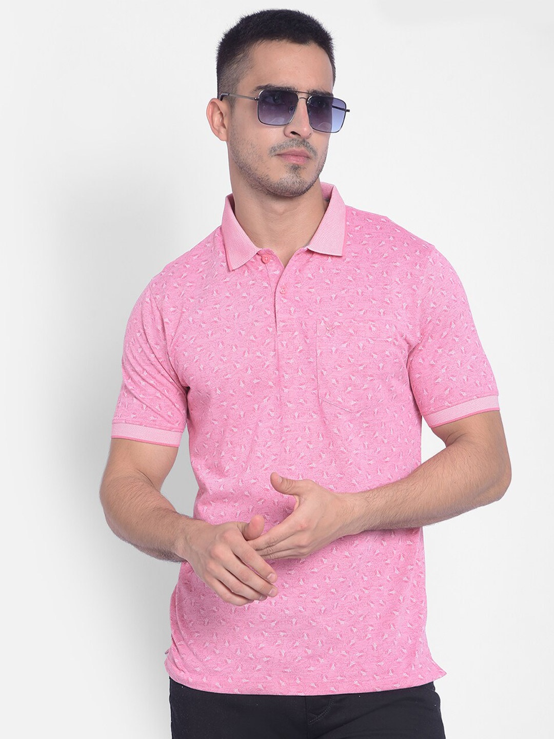 

Crimsoune Club Micro Ditsy Printed Polo Collar Slim Fit T-shirt, Pink