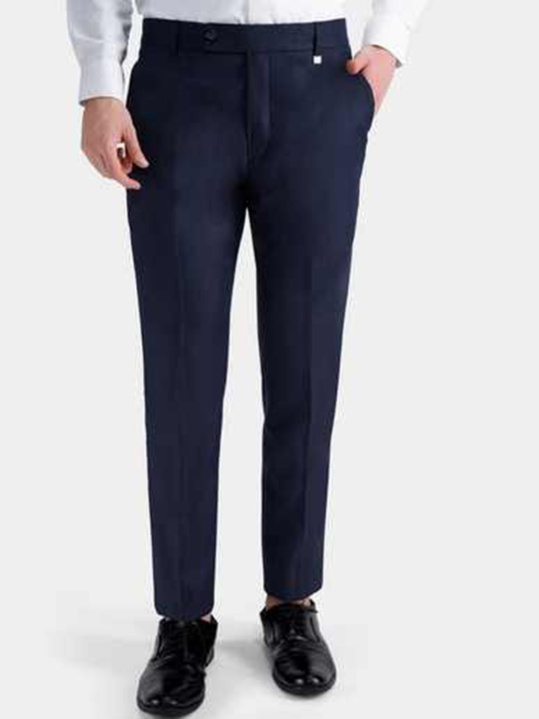

FRENCH CROWN Men Relaxed Wrinkle Free Chambray Wool Formal Trousers, Blue
