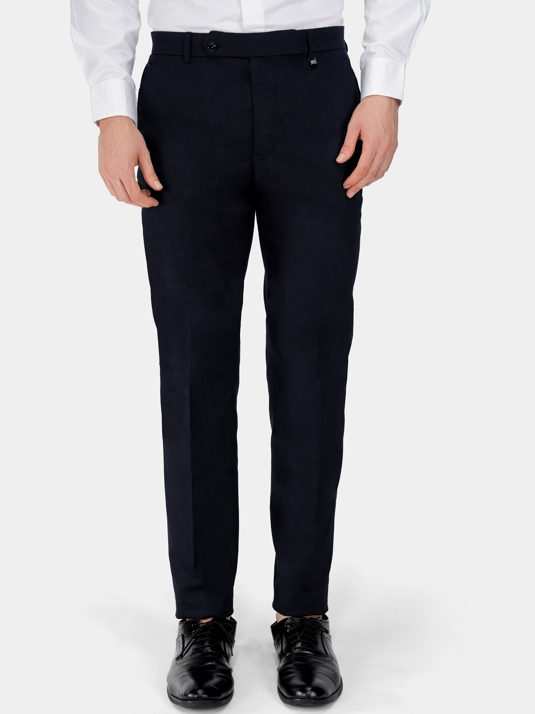 

FRENCH CROWN Men Relaxed Wrinkle Free Chambray Cotton Formal Trousers, Blue