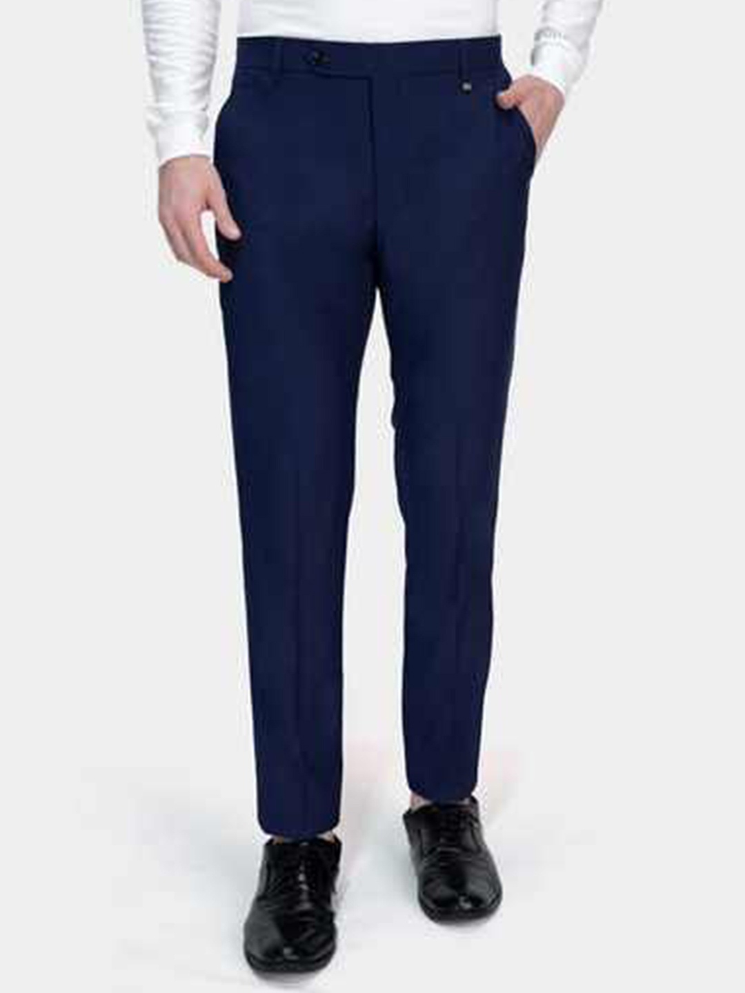 

FRENCH CROWN Men Relaxed Wrinkle Free Chambray Wool Formal Trousers, Blue