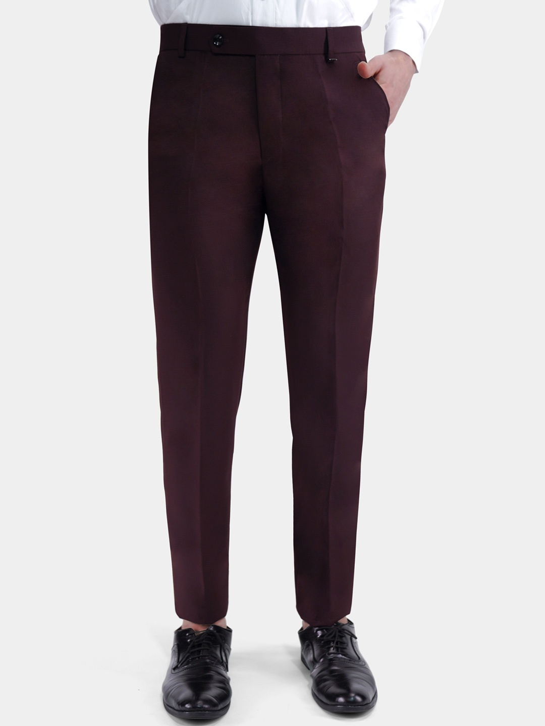 

FRENCH CROWN Men Mid-Rise Relaxed Wrinkle Free Chambray Wool Trousers, Maroon