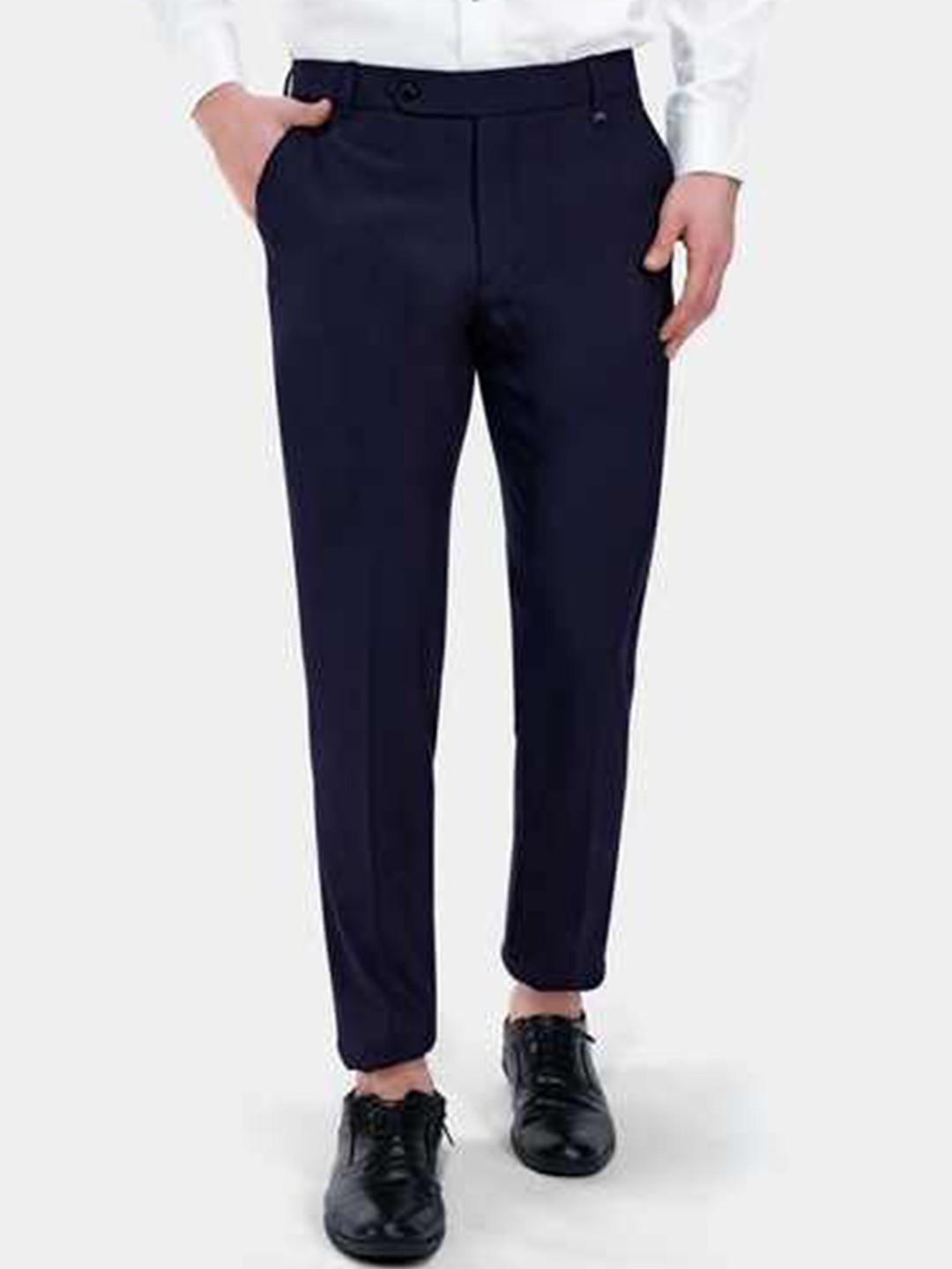 

FRENCH CROWN Men Relaxed Wrinkle Free Woollen Chambray Formal Trouser, Blue