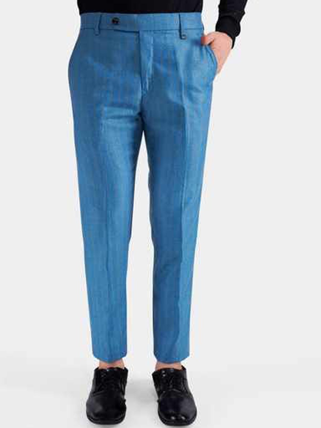 

FRENCH CROWN Men Relaxed Wrinkle Free Mid Rise Woollen Chambray Formal Trouser, Blue