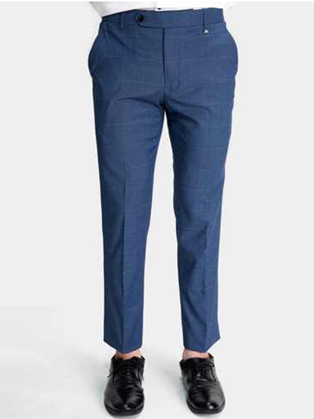 

FRENCH CROWN Men Relaxed Checked Wrinkle Free Woollen Chambray Formal Trouser, Blue