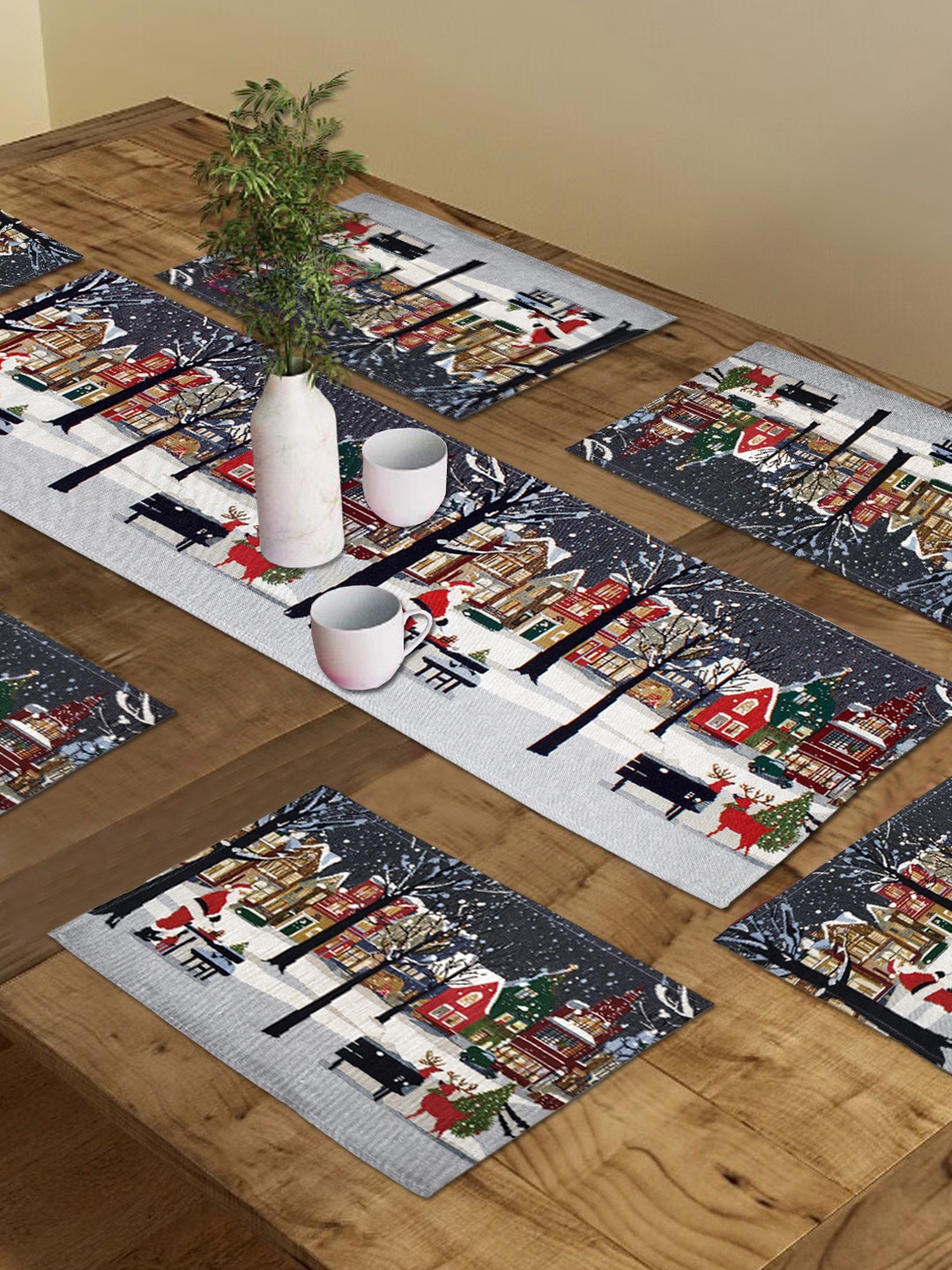 

AVI Living 9 Pieces White And Blue Christmas Jacquard Woven Table Placemats & Runner