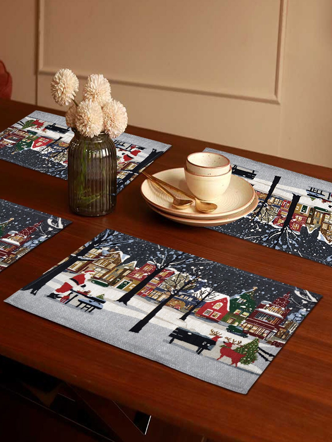 

AVI Living Grey 4 Pieces Christmas Jacquard Woven Table Placemats