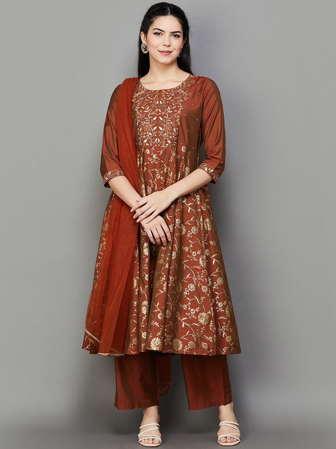

Melange by Lifestyle Floral Printed Thread Work Kurta With Palazzo & Dupatta, Maroon