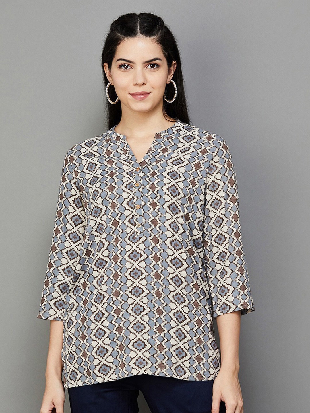 

Melange by Lifestyle Geometric Printed Mandarin Collar Kurti, Cream