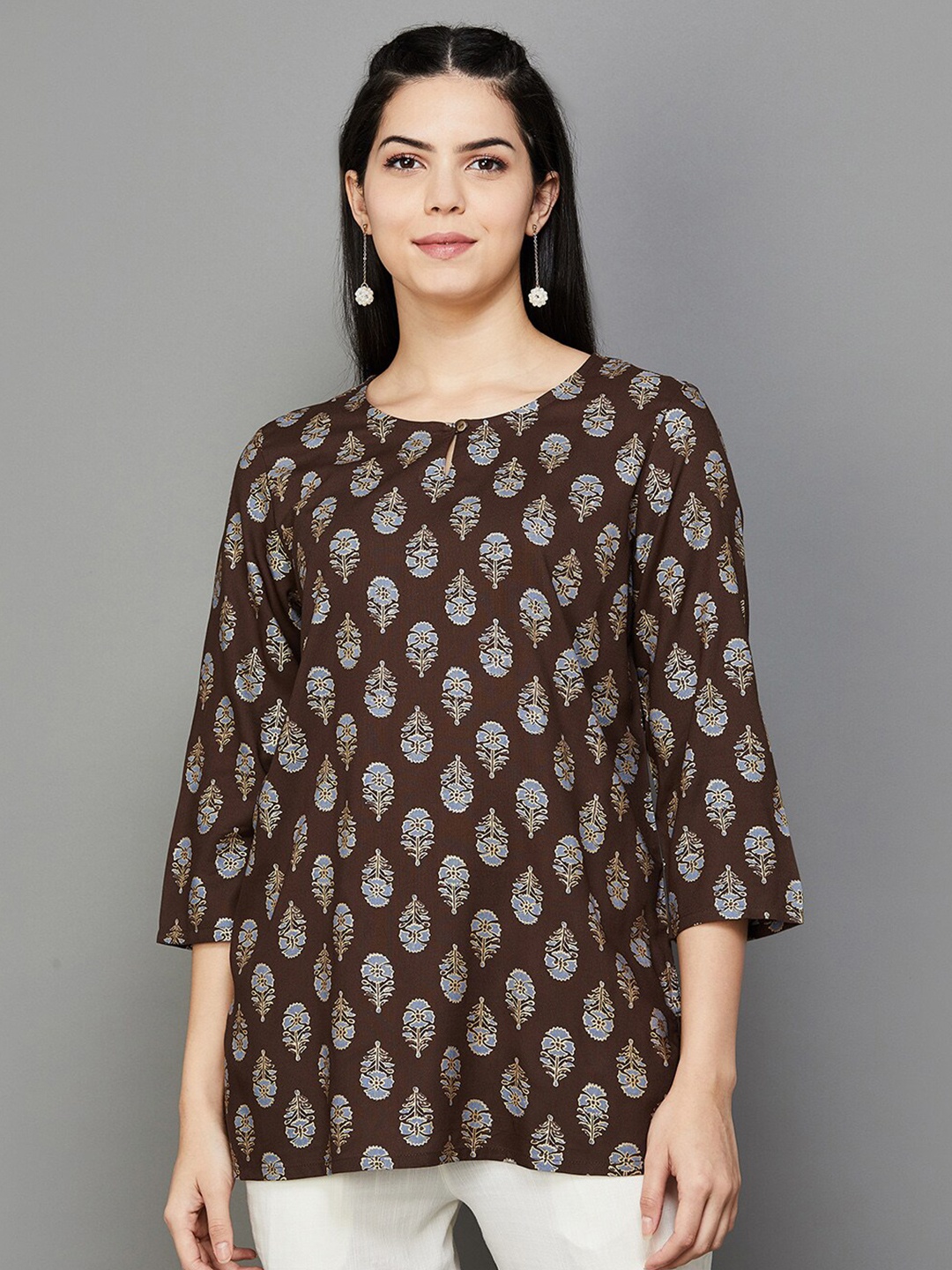 

Melange by Lifestyle Ethnic Motifs Printed Keyhole Neck Kurti, Brown