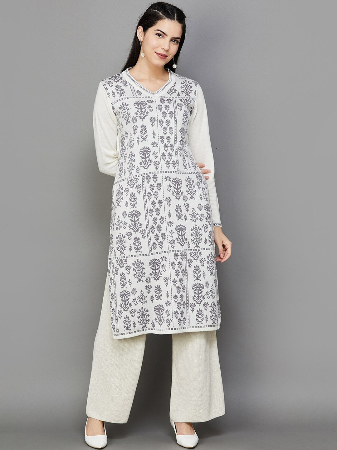 

Melange by Lifestyle Floral Woven Design V-Neck Kurta, Off white