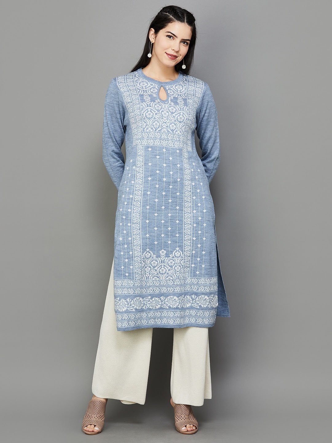 

Melange by Lifestyle Ethnic Printed Keyhole Neck Straight Pure Acrylic Kurta, Blue