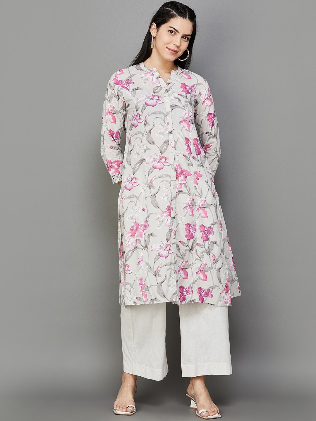 Melange by Lifestyle Floral Printed Stright Kurta, Grey