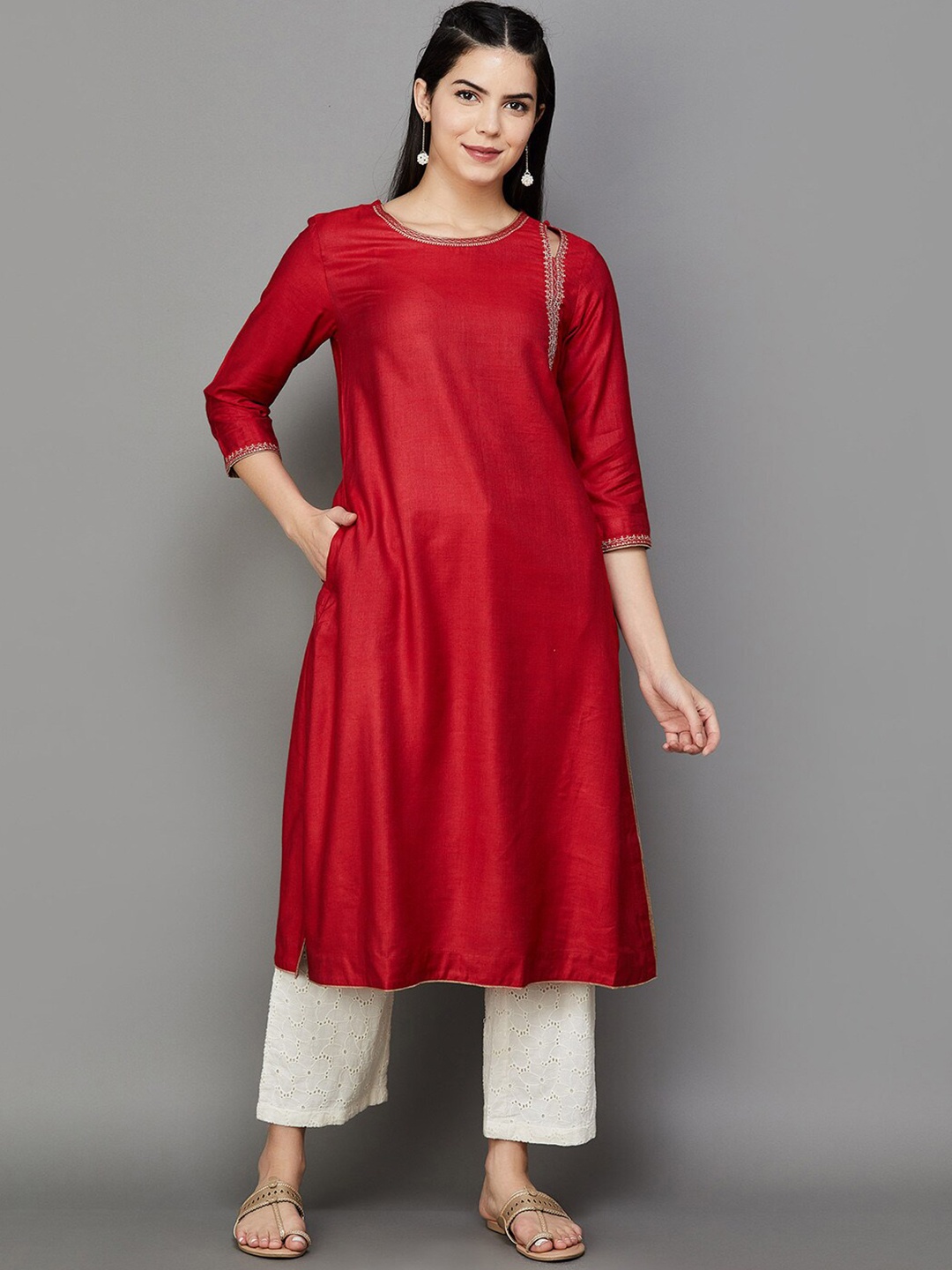 

Melange by Lifestyle Ethnic Embroidered Anarkali Pure Silk Kurta, Red