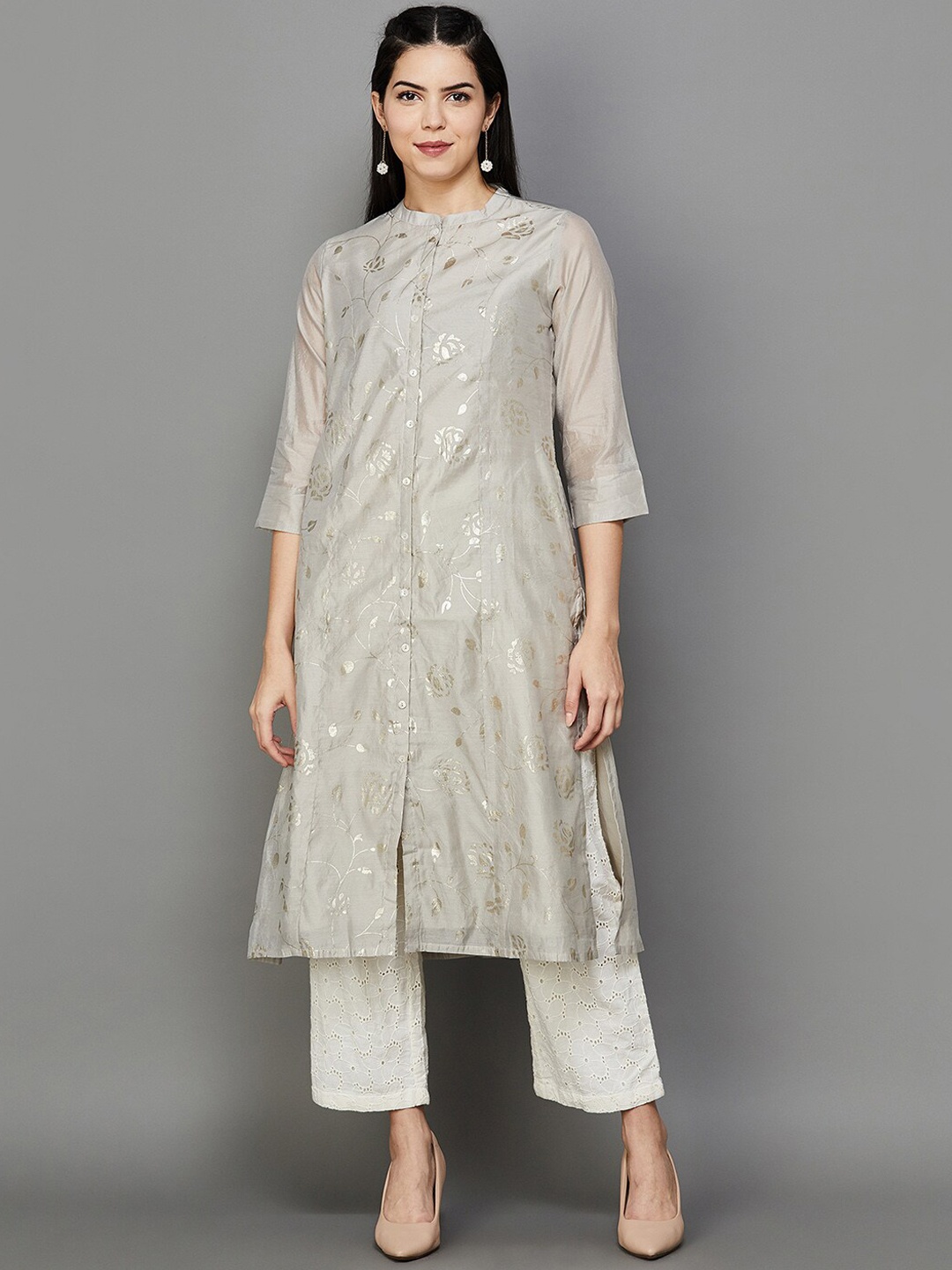 

Melange by Lifestyle Floral Printed A-Line Kurta, Grey