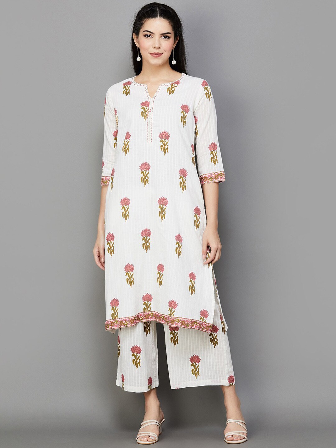 

Melange by Lifestyle Floral Printed Pure Cotton Kurta With Palazzo, Off white