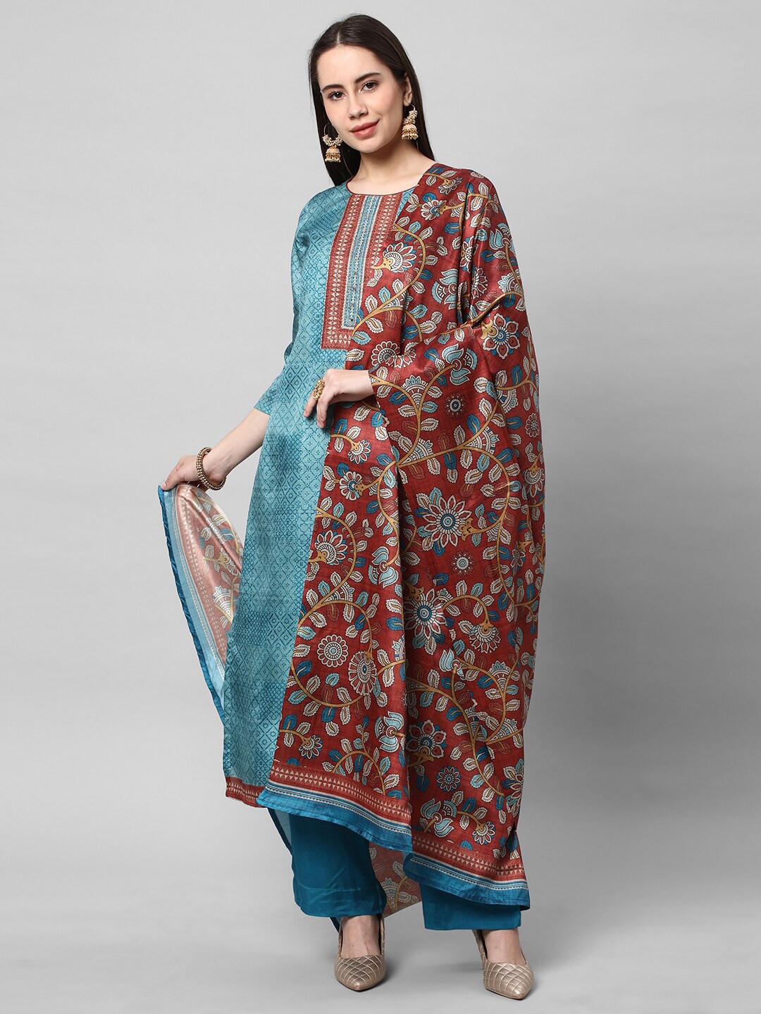 

KAMI KUBI Geometric Printed Art Silk Unstitched Dress Material, Blue