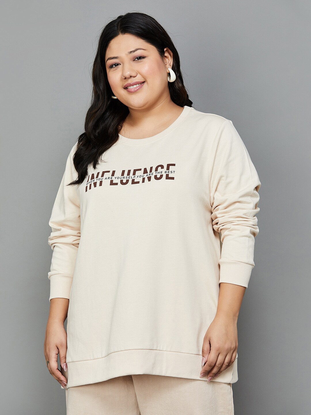 

Nexus by Lifestyle Plus Size Typography Printed Cotton Sweatshirt, Beige
