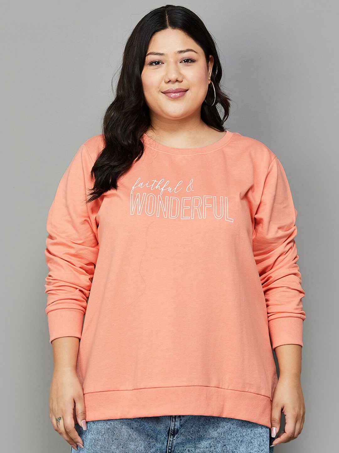 

Nexus by Lifestyle Plus Size Typography Printed Cotton Pullover, Peach