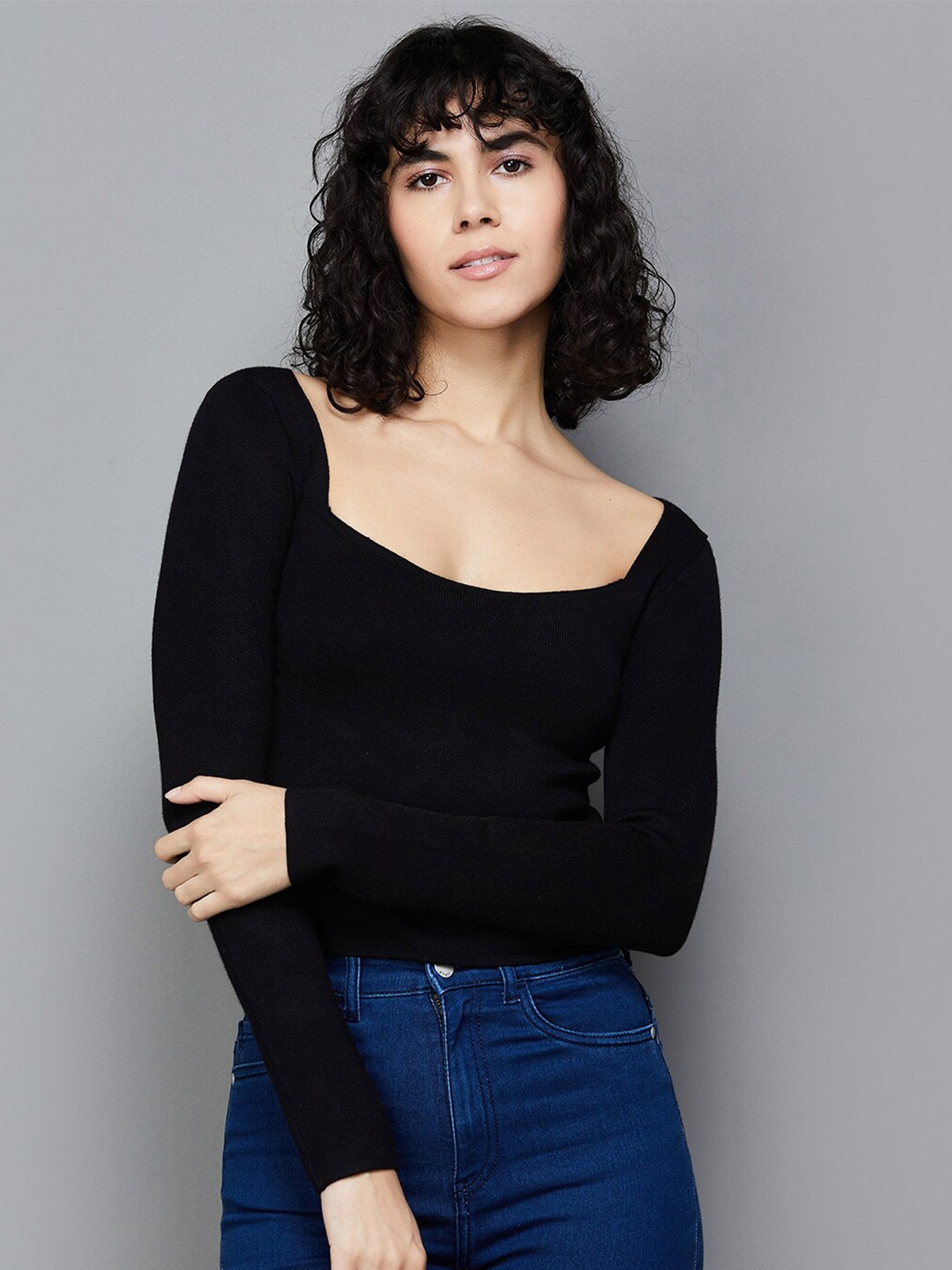 

Ginger by Lifestyle Scoop Neck Ribbed Fitted Top, Black