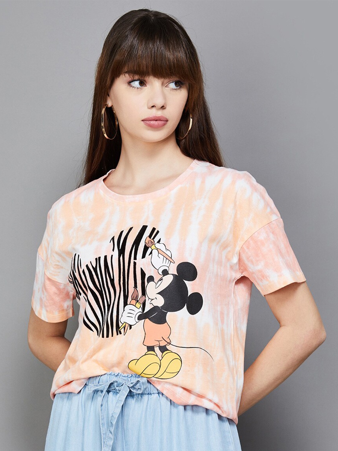 

Ginger by Lifestyle Mickey Mouse Printed Pure Cotton T-Shirt, Peach