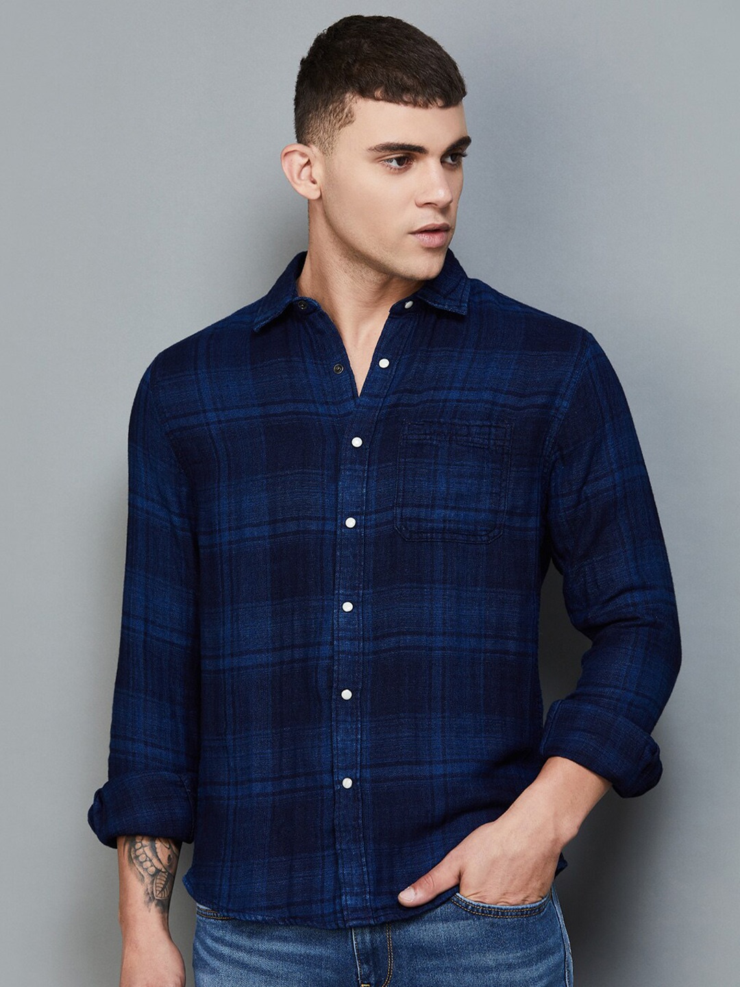 

Forca by Lifestyle Checked Cotton Casual Shirt, Navy blue