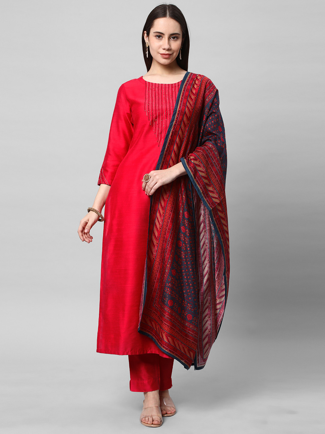 

KAMI KUBI Ethnic Motifs Yoke Design Regular Kurta With Trousers & Dupatta, Pink