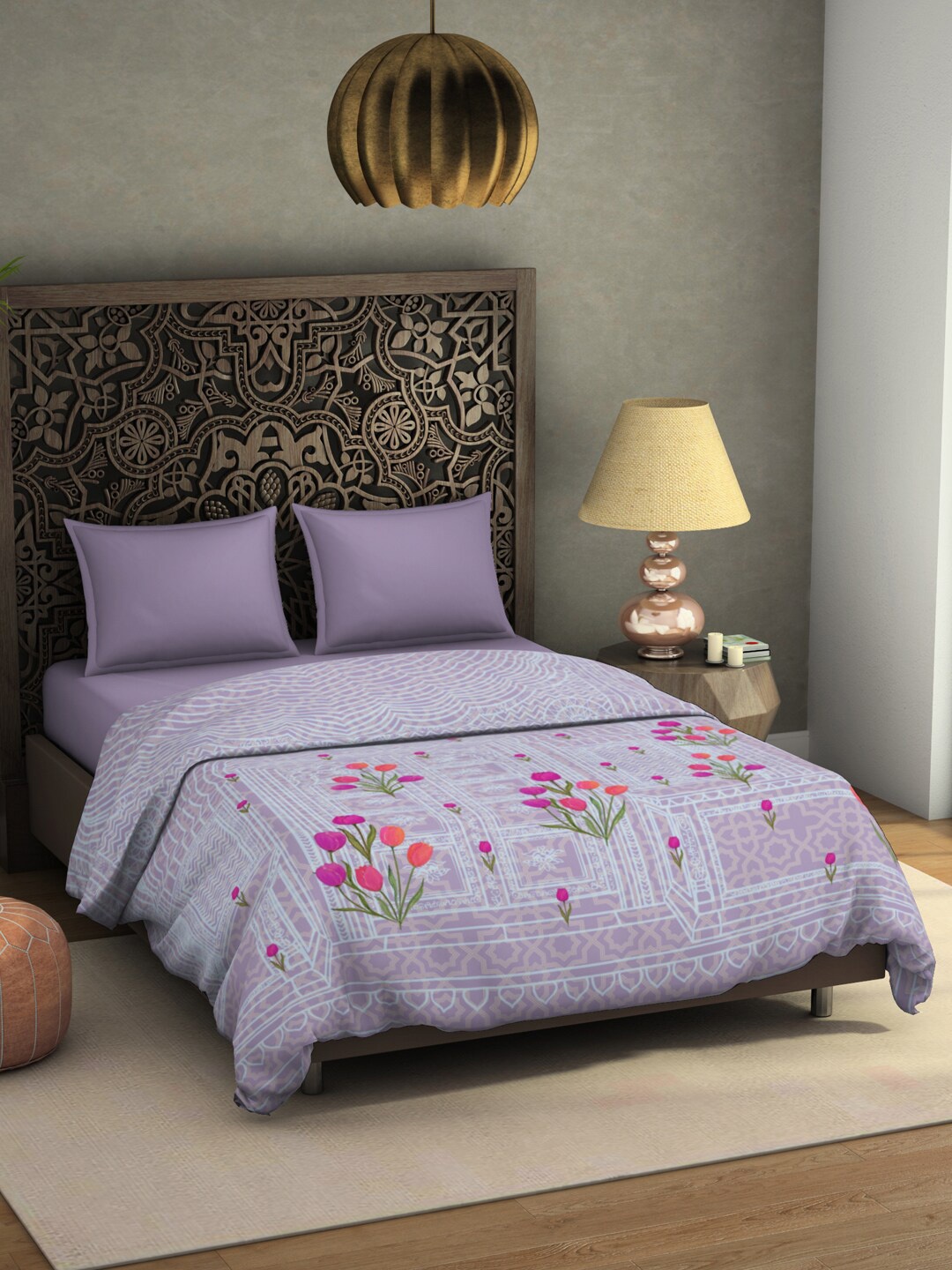 

SPACES Gulrana Violet Floral Printed AC Room 350 GSM Double Bed Blanket