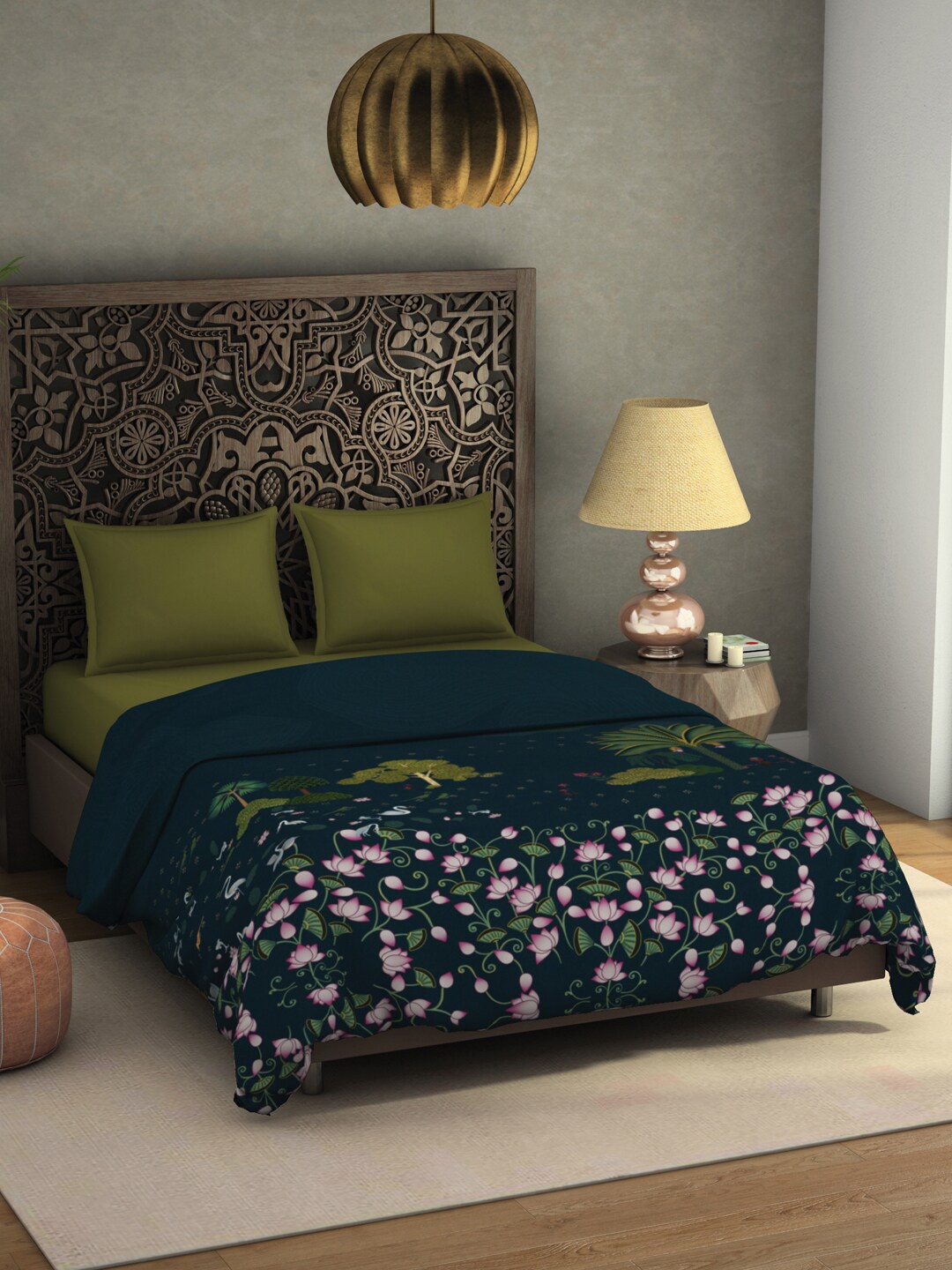

SPACES Pichwai Teal Blue Floral Printed AC Room 350 GSM Double Bed Blanket