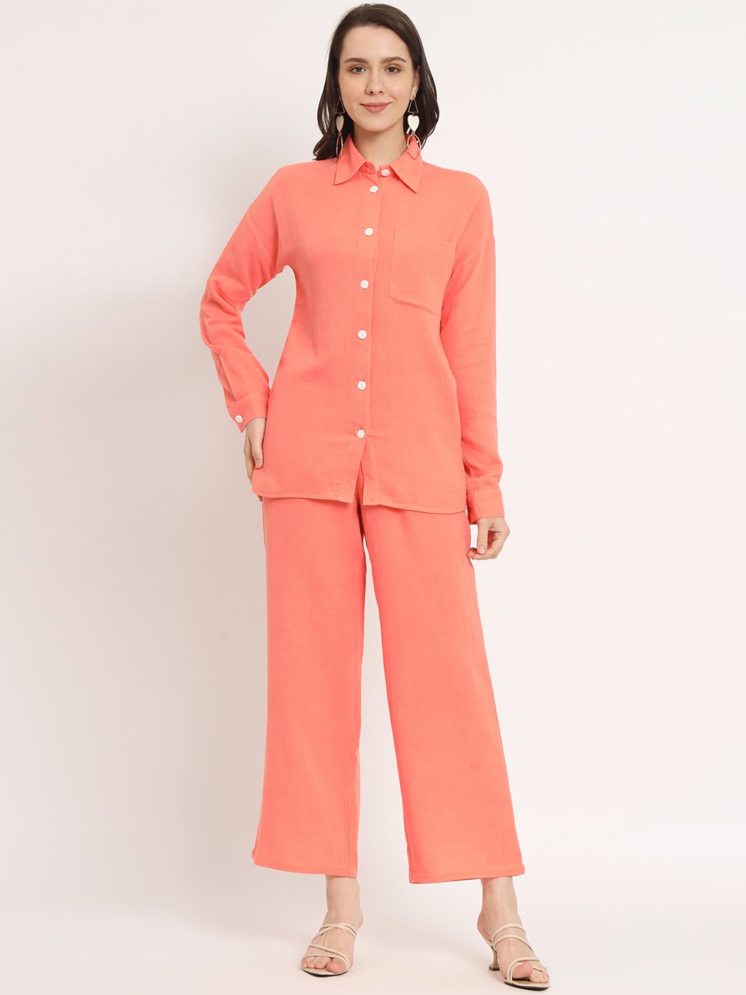 

NUEVOSDAMAS Pure Cotton Shirt With Trousers, Peach