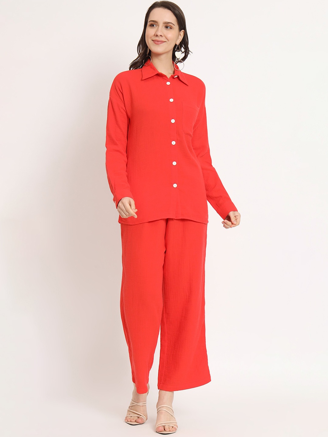 

NUEVOSDAMAS Pure Cotton Shirt With Trousers, Red