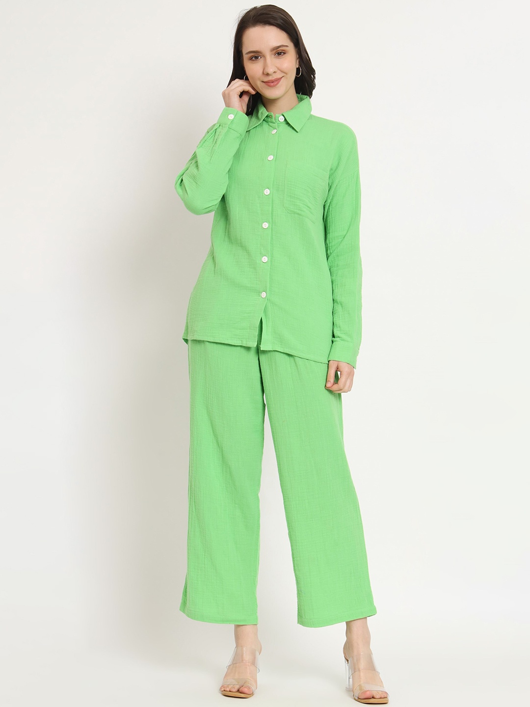 

NUEVOSDAMAS Pure Cotton Shirt With Trousers, Lime green