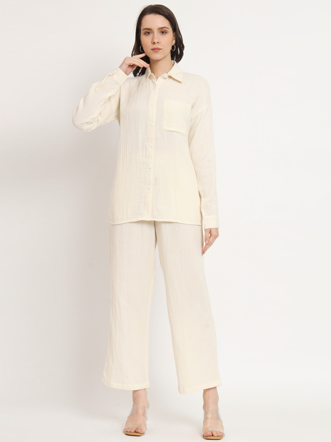 

NUEVOSDAMAS Pure Cotton Shirt-Collar Shirt With Trouser, Off white