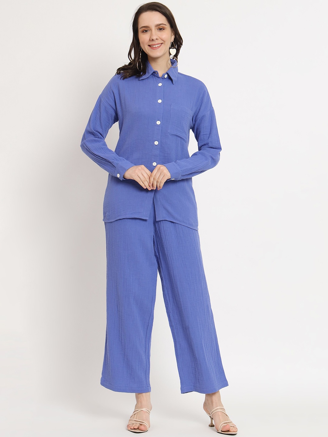 

NUEVOSDAMAS Pure Cotton Shirt With Trousers Co-Ords, Blue