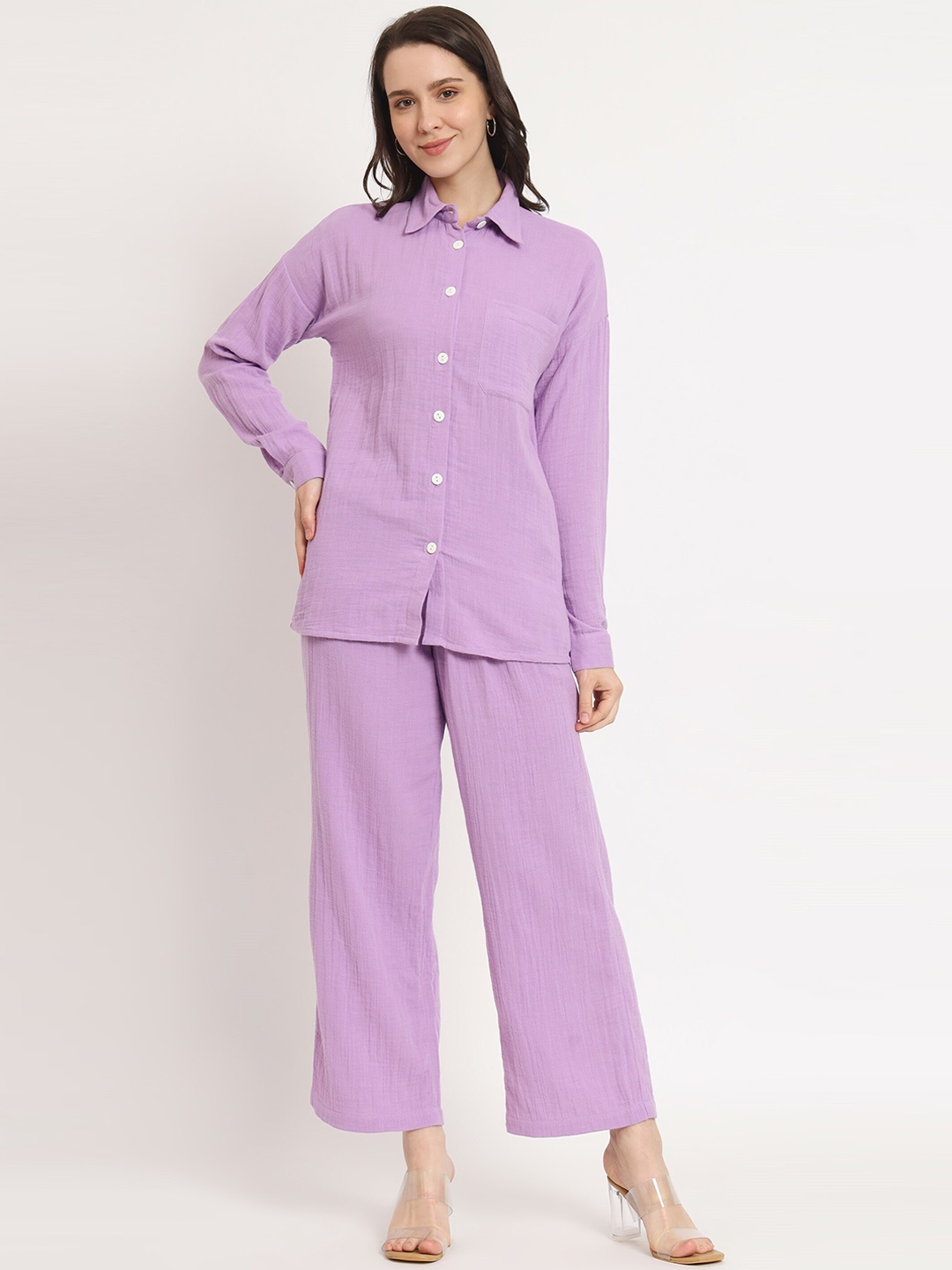 

NUEVOSDAMAS Pure Cotton Shirt With Trouser Co-Ords, Lavender