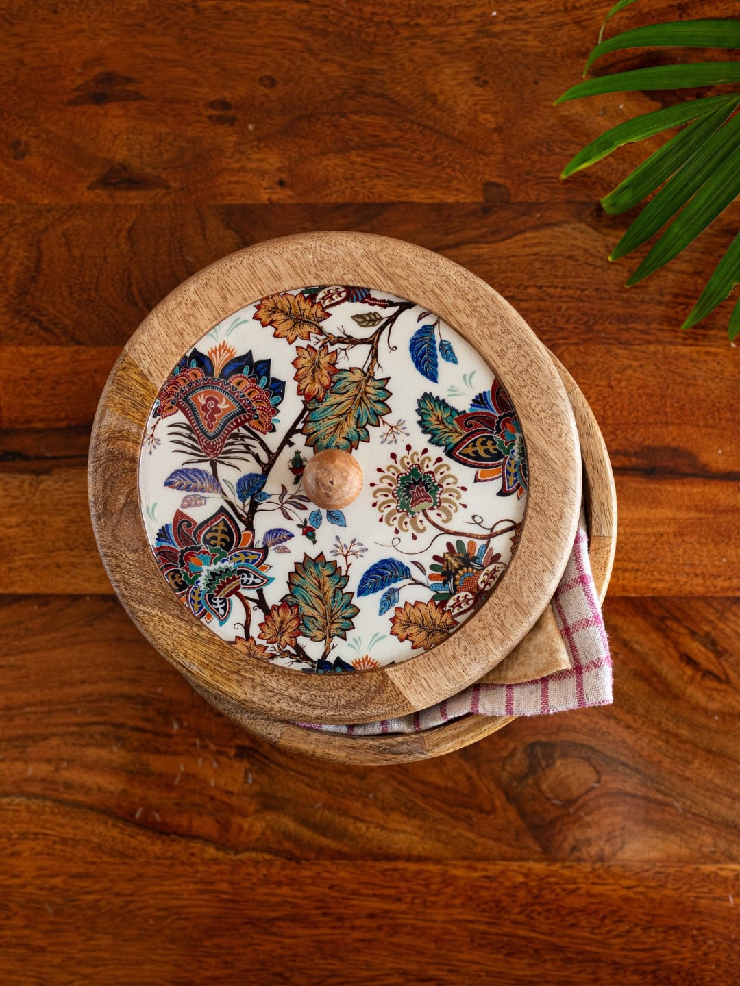 

ExclusiveLane Floral Chronicles Coffee Brown Wooden Chapati Box With Lid 1.08L