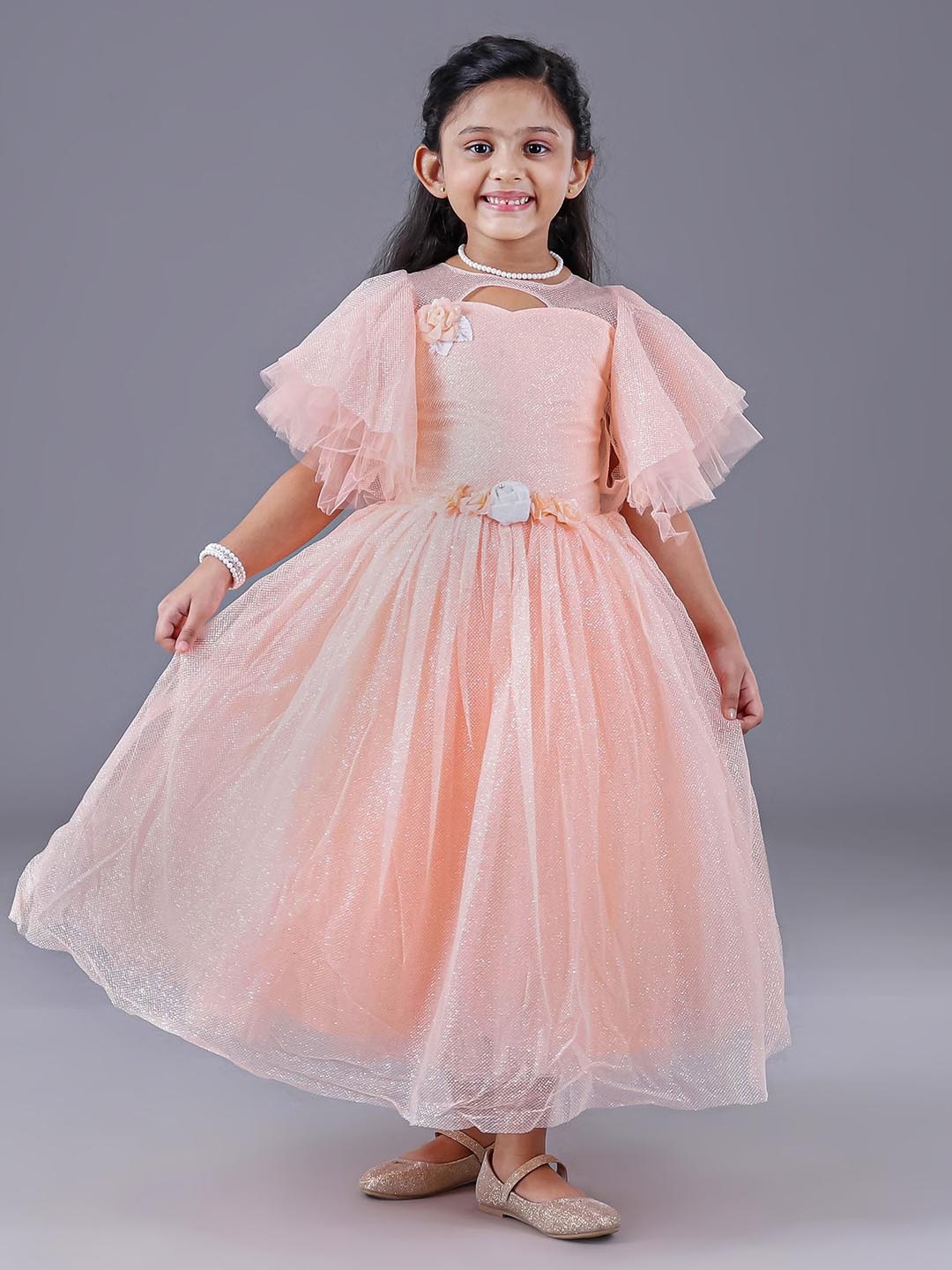 

Enfance Girls Embellished Flutter Sleeves Net Fit and Flare Dress, Peach