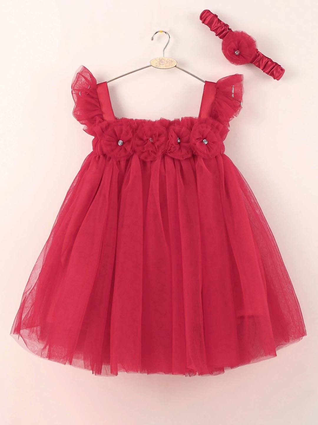 

Enfance Girls Self Design Flutter Sleeves Gathered Net Fit & Flare Dress With Headband, Red