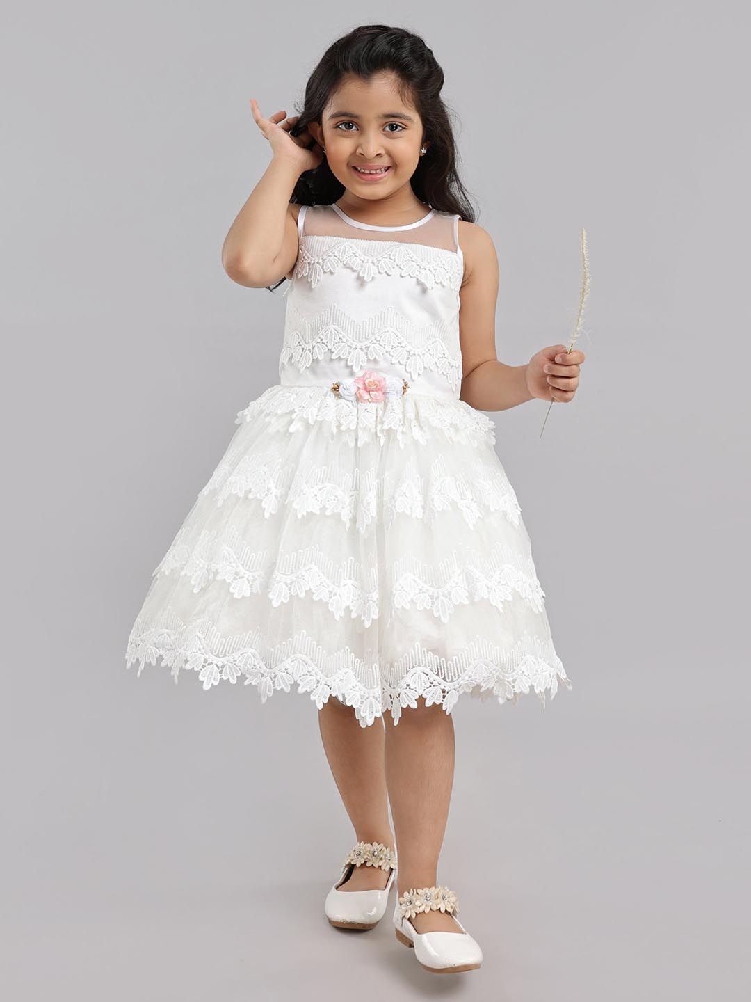 

Enfance Girls Ethnic Embroidered Fit and Flare Dress, White