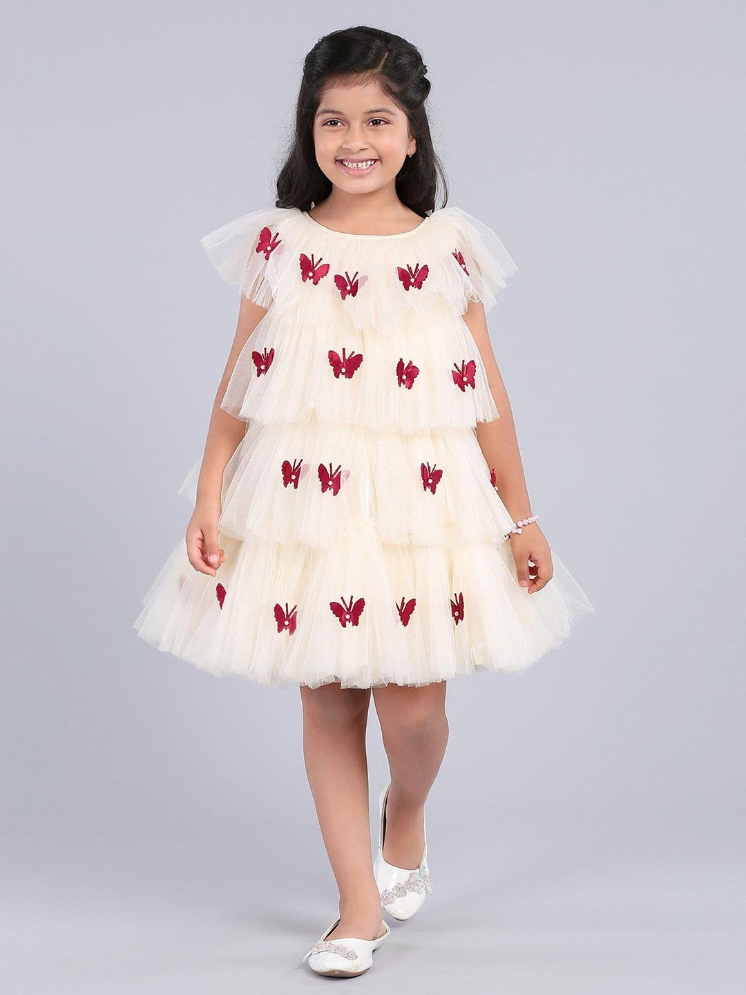 

Enfance Girls Embellished Net A-Line Dress, Cream