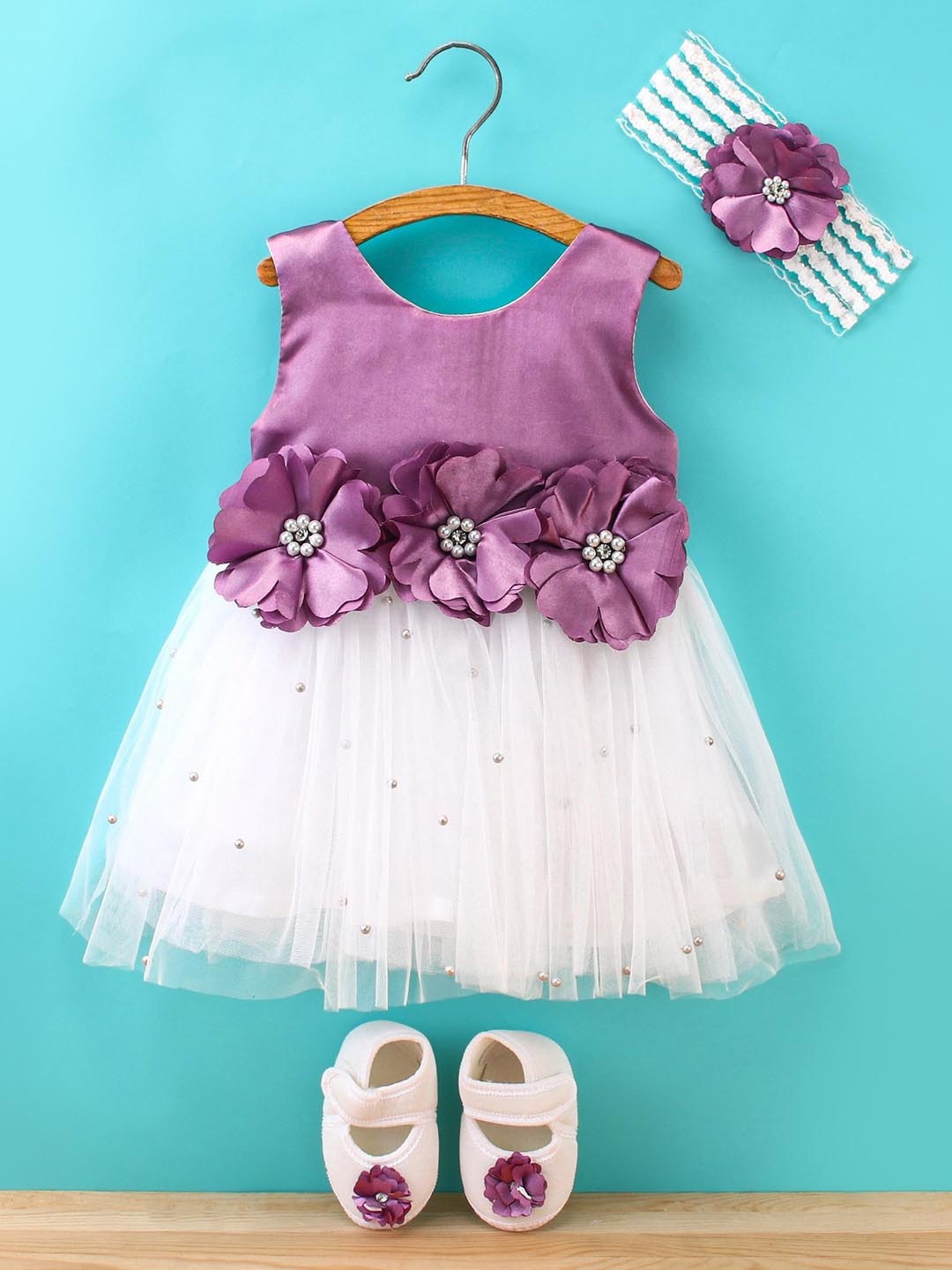 

Enfance Infant Girls Colourblocked Applique Net Fit & Flare Dress With Booties & Headband, Lavender