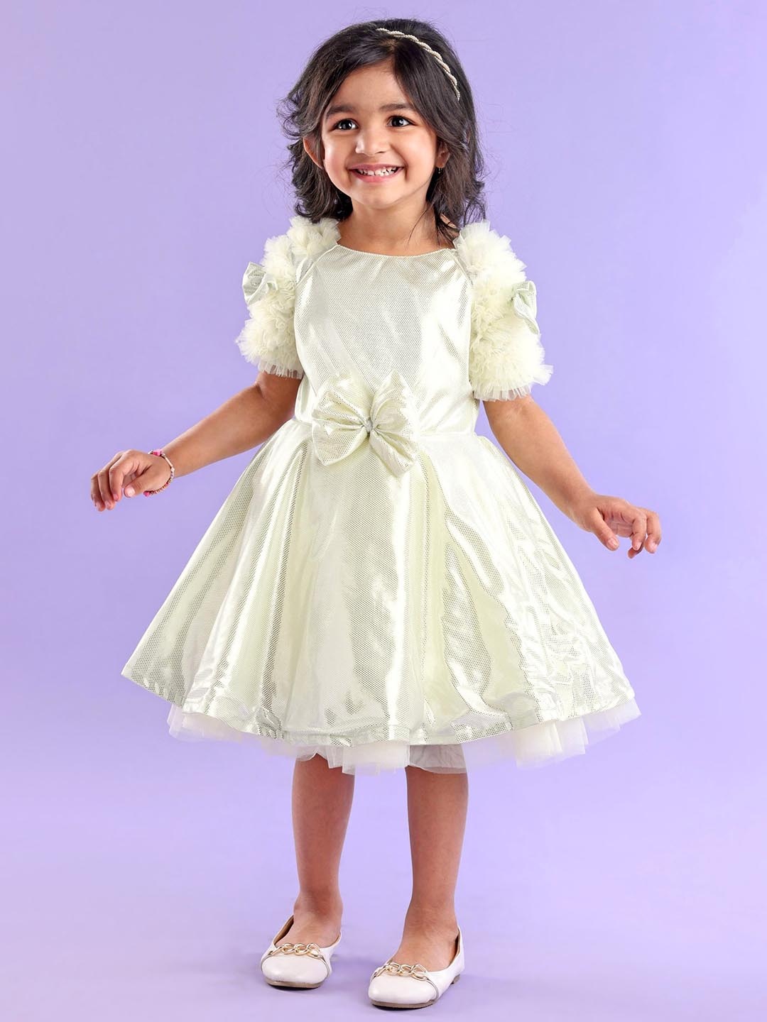 

Enfance Girls Self Design Net Fit & Flare Dress, Yellow
