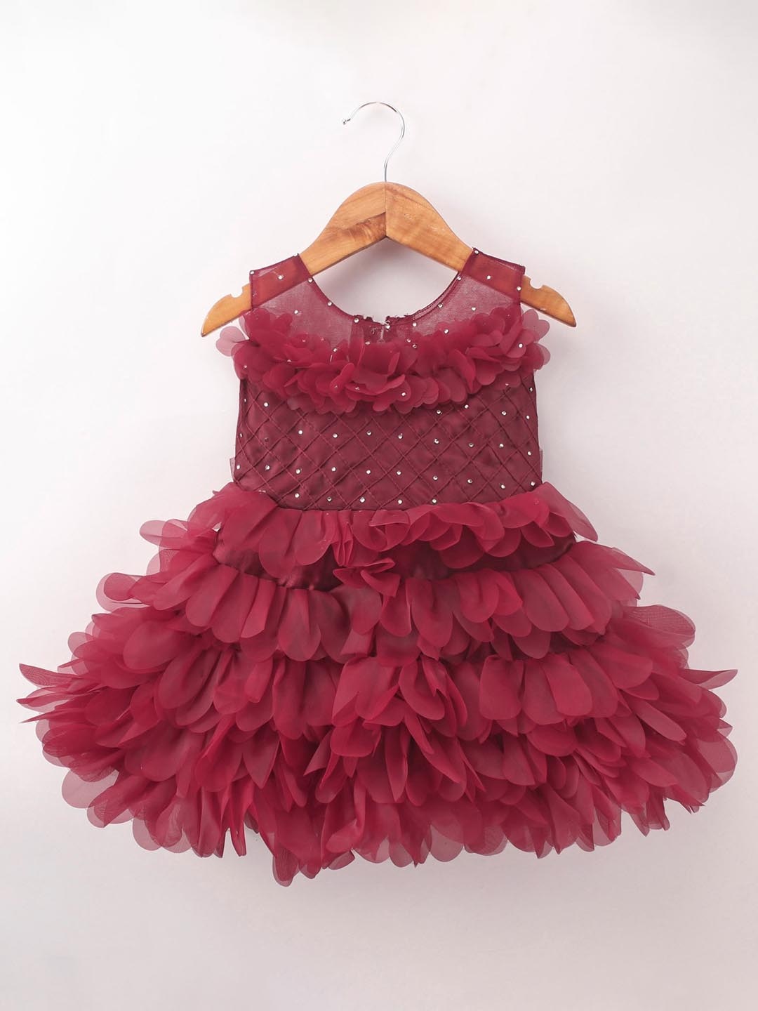 

Enfance Girls Self Design Sleeveless Ruffles Net Fit & Flare Dress, Maroon