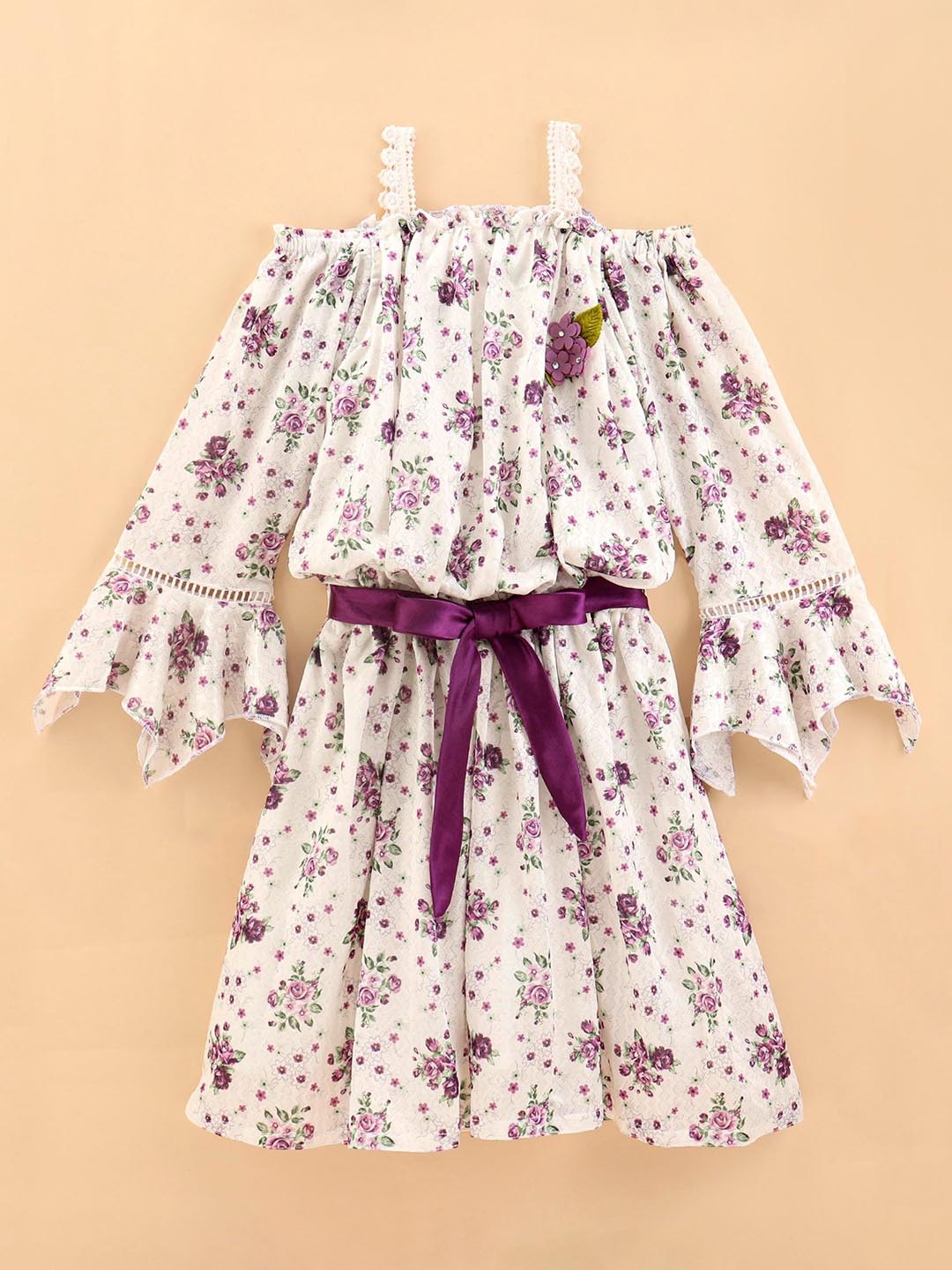 

Enfance Girls Floral Print Cold-Shoulder Sleeves Net Fit & Flare Dress, Lavender